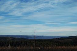 Maisema Kolilta, jossa näkyy avara näkymä metsän yli Pielisen järvelle, taustalla sininen ja pilvinen taivas.