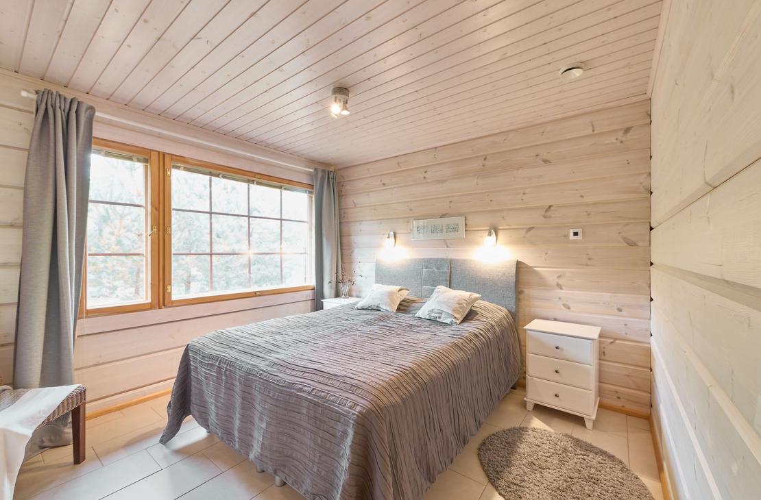 Villa Hymy mökki, makuuhuone, parisänky, Skandinaavinen tyyli