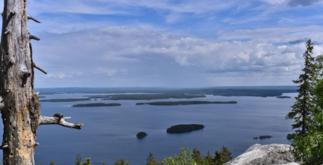 Kolin kansallispuiston upea maisema Pielisen järvelle, jossa näkyy kivisiä kallioita, pieniä saaria ja sininen taivas pilvineen.