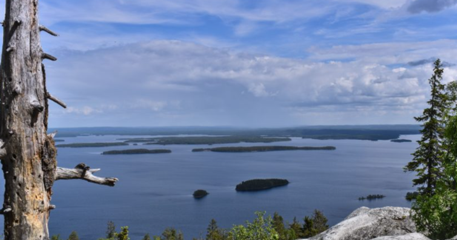 Näkymä Kolin kansallispuiston kallioilta Pielisen järvelle, jossa näkyy saaria ja sininen taivas pilvineen. Luontomatkailun helmi Pohjois-Karjalassa.