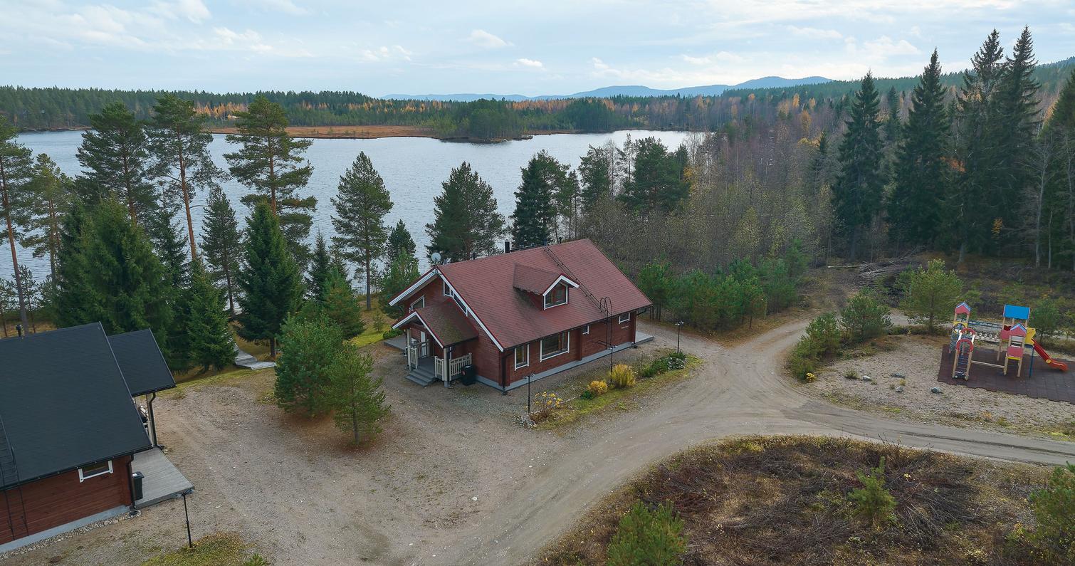 Ilmakuva vuokramökistä Pielisen rannalla Kolilla, ympärillä vehreä metsä ja hiekkapolut. Rauhallinen majoitus Pohjois-Karjalassa Itä-Suomen luonnossa.